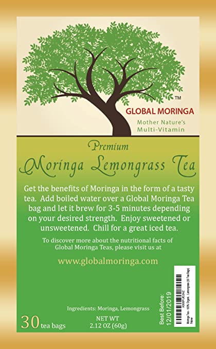 Global Moringa - Refreshing Organic Moringa Tea with Lemongrass (30 Tea Bags) Ghana Grown, American Seller