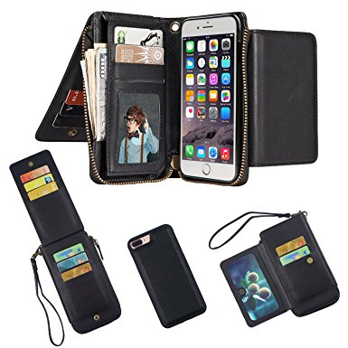 Wallet Case for iPhone 7 Plus, LC-dolida PU Leather Case Zipper Wallet Phone Case Purse Magnetic Removable With Strap and Credit Card Slot and Holder Black