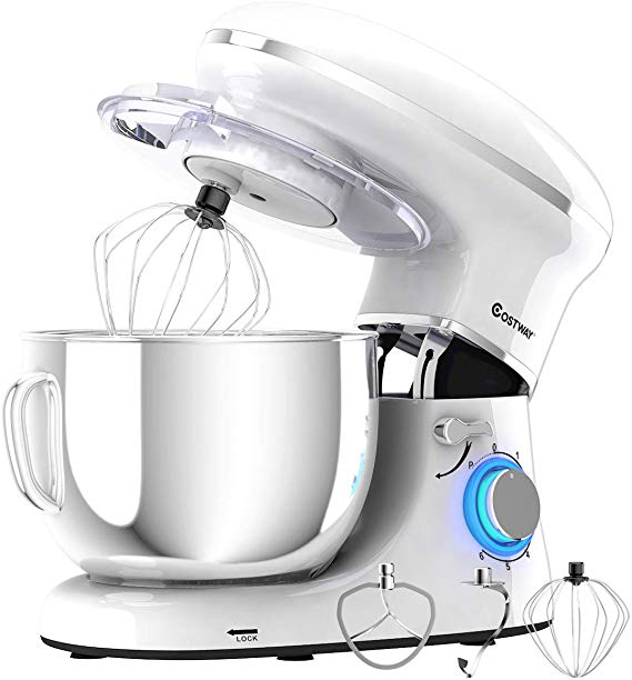 COSTWAY Stand Mixer, 660W Electric Kitchen Food Mixer with 6-Speed Control, 6.3-Quart Stainless Steel Bowl, Dough Hook, Beater, Whisk (White-update)