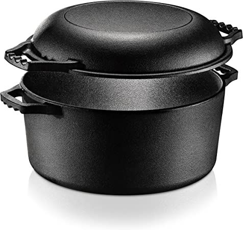 NutriChef Cast Iron Multi Cooker - Pre-Seasoned Non-Stick Double Dutch Oven Stovetop Casserole Cookware Braising Pot and Skillet Lid with Handle- For Oven, Stove, Grill, Over a Campfire Cooking