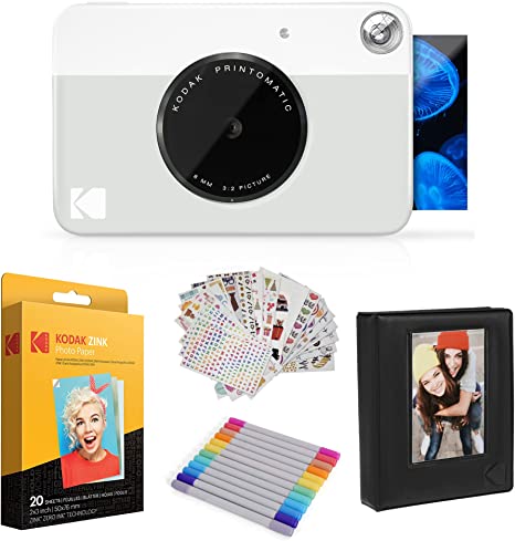 KODAK Printomatic Instant Camera (Grey) Gift Bundle   Zink Paper (20 Sheets)   Case   7 Sticker Sets   Markers   Photo Album