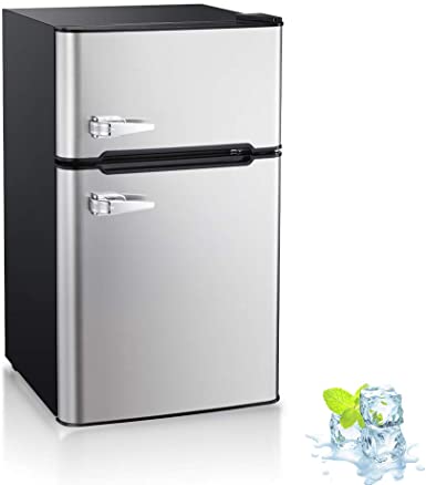 Kismile Double Door 3.2 Cu.ft Compact Refrigerator with Top Door Freezer,Freestanding mini Fridge with Adjustable Temperature,Upright Freezer for Apartment,Home,Office,Dorm or RV (Silver)