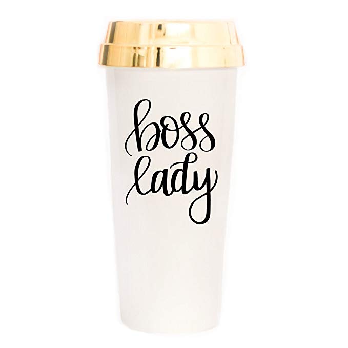 Boss Lady Travel Mug | Female Gifts for Women Gold Commuter Plastic Tumbler Cup with Lid Cute Coffee Accessories for Women 16 Ounces Hand Lettered