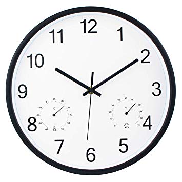 Epy Huts Wall Clock Battery Operated Silent Non Ticking 12 Inch Round with Temperature,Humidity Display Clock,Black