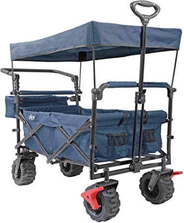 Extra Large Foldable Outdoor Wagon Cart with All Terrain Wheels and Canopy, Blue 265 Lb Capacity, Easy Folding Collapsible Utility Garden Transport Trolley, Great for Beach, Park, Sports, Parties