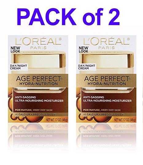 (PACK of 2) L'0real Paris Age Perfect HYDRA-NUTRITION DAY/NIGHT CREAM, Anti-Sagging Ultra-Nourishing Moisturizer, 1.7 Oz (48g) EACH - For Mature, Very Dry Skin Day Night Cream SEALED