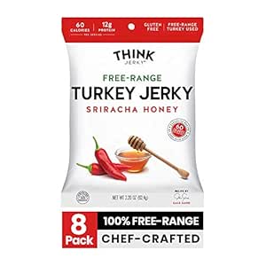 Think Jerky, Sriracha Honey Turkey Jerky (2.2 Ounce Bags, Pack of 8 Bags) - Delicious Chef Crafted Jerky, Free Range Turkey, Gluten Free, No Antibiotics or Nitrates - Healthy Protein Snack, Low Calorie and Low Fat