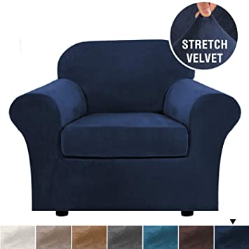 H.VERSAILTEX Rich Velvet Stretch 2 Piece Chair Cover Chair Slipcover Sofa Cover Furniture Protector Couch Soft with Elastic Bottom Chair Couch Cover with Arms, Machine Washable(Chair,Navy)