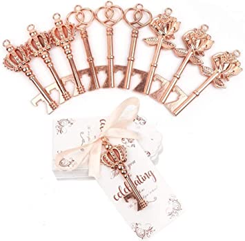 OurWarm 30Pcs Key Bottle Opener Wedding Favors with Tags, Rose Gold Skeleton Key Bottle Opener Favors for Bridal Shower Party Wedding Decorations or Souvenirs for Guests Bulk, 3 Styles