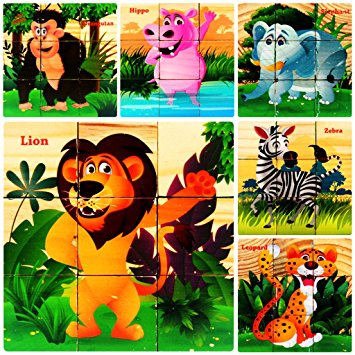 Bearstar 9 pcs Wooden Cube Puzzles Kids Best Blocks for 2 to 4 Years Old Toddlers Kids … (Forest Animals)