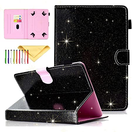 Uliking Universal Folio Case for All 6.5-7.5 inch Tablet, Uliking PU Leather Bling Glitter [Card Slots] Stand Cover for Paperwhite, Galaxy Tab 7.0 and All 7.0 Inch Tablet, Black