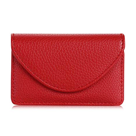 FYY Handmade Premium PU Leather Business Name Card Case Universal Card Holder with Magnetic Closure (Hold 30 pics of Cards) Red