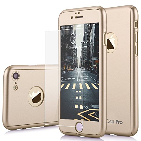 iPhone 7 Case 360 CellPRO [Full Body Series] Premium Hard TPU Cover ,Full Protection (Dual Layer 0.1 mm Slim) Anti Slip Grip Designed with Ultra Clear Screen Protector Glass for Apple iPhone 7 (Gold)