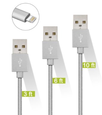 3ft,6ft,10ft Tangle Free Nylon Braided 8 Pin Lightning Cable,USB Charging Cord for iPhone 6/6s/6 Plus/6s Plus/SE/5c/5s/5, iPad Air/Mini, iPod Nano/Touch (3pcs,Grey)