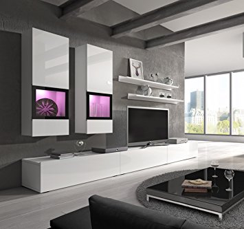 Baros Wall Unit / Modern Entertainment Center / Contemporary Design / LED Lights / High Capacity Storage (White)