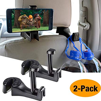 Car Headrest Hook, OCUBE 2 in 1 Car Hooks Car Hanger with Phone Holder(2 Pack) Universal Vehicle Car Seat Hook Holder with Cell Phone Bracket Stand for Bag Purse Cloth Grocery-Black