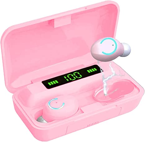Acuvar Fully Wireless Bluetooth 5.0 Rechargeable IPX7 Waterproof Earbud Headphones with Microphone 1800mAh USB Charging Case Powerful Surround Stereo Bass and Passive Noise Cancelling (Pink)