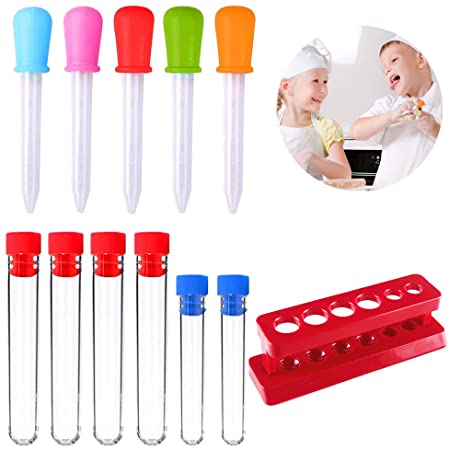 Dropper Pipettes Silicone 5 ML for Kids Water Play and Candy Gummy Making, Plastic Test Tube Shots with Stand for Kids Creative Science Experiments(Pack of 12 pcs)