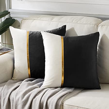 Fancy Homi 2 Packs Black Decorative Throw Pillow Covers 20x20 Inch for Living Room Couch Bed, Black and White Velvet Patchwork with Gold Leather, Luxury Modern Home Decor, Accent Cushion Case 50x50 cm