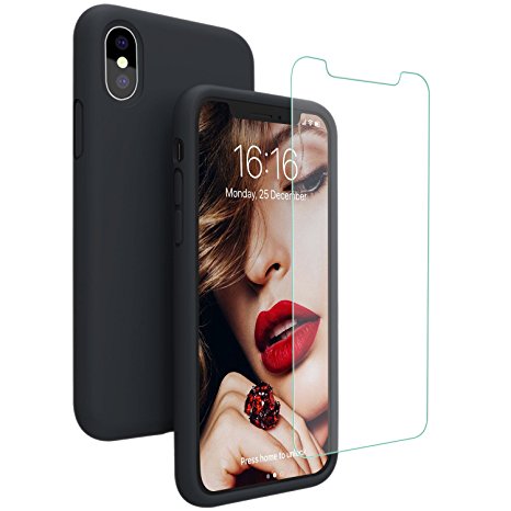 JASBON iPhone X Case, Liquide Silicone Phone Case with Free Tempered Screen Gel Rubber Soft Touch Cover Full Protective Case for iPhone X - Black