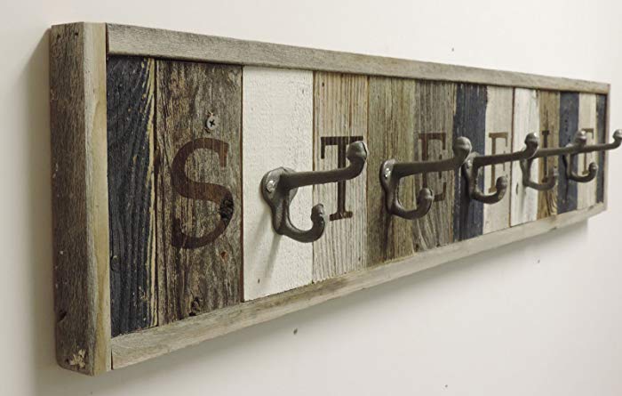 Personalized Reclaimed Wooden Coat Rack, Wall Mounted Rustic hooks, Entryway, Hallway Coat, Hat, Jacket, Umbrella Storage, Unique Farmhouse. Your choice of length and accent colors.
