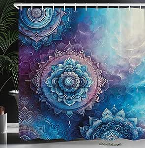 Ambesonne Purple Shower Curtain, Mystic Mandala Victoria Water Lilies Floating in Dark Magic Pond Print Art, Cloth Fabric Bathroom Decor Set with Hooks, 69" W x 70" L, Deep Sky Blue Violet