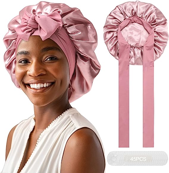 AWAYTR Satin Bonnet for Women Hair Bonnet for Sleeping Large Double Layer Silk Sleep Cap with Wide Elastic Band Hair Cap for Sleeping with 45PCS Waterproof Disposable Shower Caps (Dusty Rose)