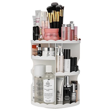Makeup Organizer, LIFU 360 Degree Rotating and Adjustable Multi-Function Cosmetic Storage Box, Extra large capacity, Space Saving, Fits Toner, Creams, Makeup Brushes, Lipsticks and More ( White )