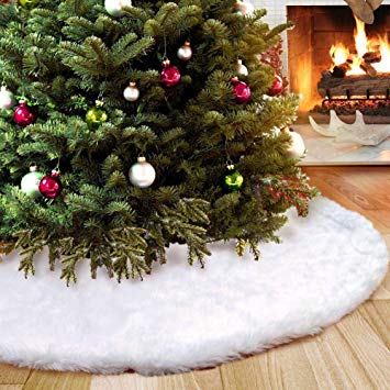 MeeQee Faux Fur Christmas Tree Skirt 48 inches Snowy White Tree Skirt for Christmas Decorations