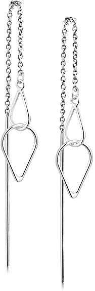 925 Sterling Silver Open Triangle or Sideways Square Threader Long Dangle Modern Geometric Earrings