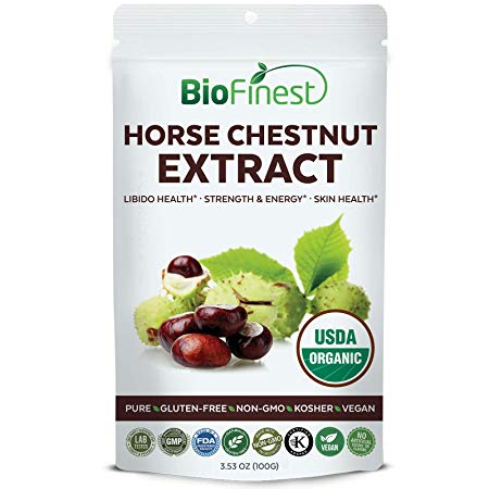 Biofinest Horse Chestnut Extract Powder 300mg (Aesculus hippocastanum) - USDA Certified Organic Pure Gluten-Free Non-GMO Kosher Vegan Friendly - Supplement for Vein Strength, Skin and Libido (100g)