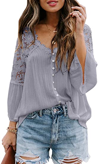 CANIKAT Women's V Neck Lace Crochet Flowy Bell Sleeve Button Down Casual T Shirts Blouses Tops