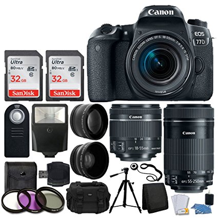 Canon EOS 77D DSLR Camera   Canon EF-S 18-55mm f/4-5.6 IS STM Lens   Canon EF-S 55-250mm f/4-5.6 IS STM Lens   Wide Angle & Telephoto Lens   64GB Memory Card   Wireless Remote   Value Accessory Bundle