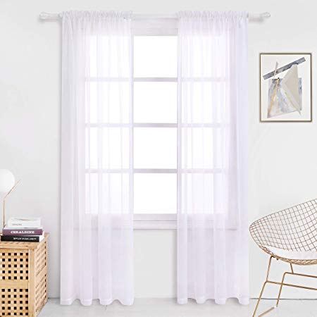 Milly&Roy Sheer Curtains Rod Pocket Voile Drape for Living Room Bedroom 54 x 84 inch White Set of 2 Curtain Panels