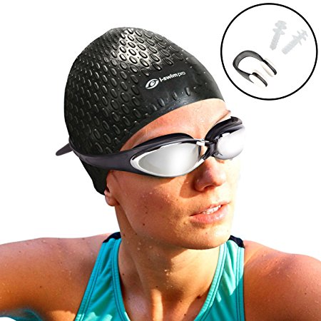 i-Swim Pro Silicone Swim Caps For Adults – Long Hair - Comfortable Fit – Swim Cap Set Includes Nose Clip And Ear Plugs