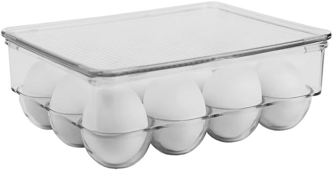 Home Basics FB41605 12 Plastic Stackable Tray Holder with Lid – Storage Container Organizer for Refrigerator Fridge – Dozen Egg Section Carrier Bin, Clear