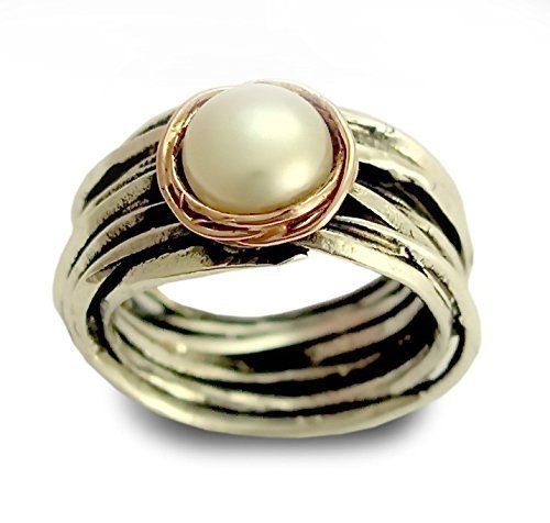 Silver wrap ring, with Pearl, Sterling silver and Rose gold, Statement ring, Oxidized silver band, Round Pearl ring, Handmade Wedding ring