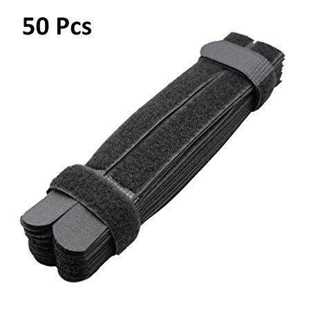 Cable Ties 50pcs Hook and Loop Wraps Reusable Fastening Cable Ties Cable Straps Strips (Black / 7 Inch)