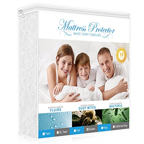 Premium Queen Mattress Protector, 100% Waterproof Hypoallergenic Mattress Cover with Cotton Terry Surface, Breathable, Vinyl Free, 10 Year Warranty Offered by Lighting Mall