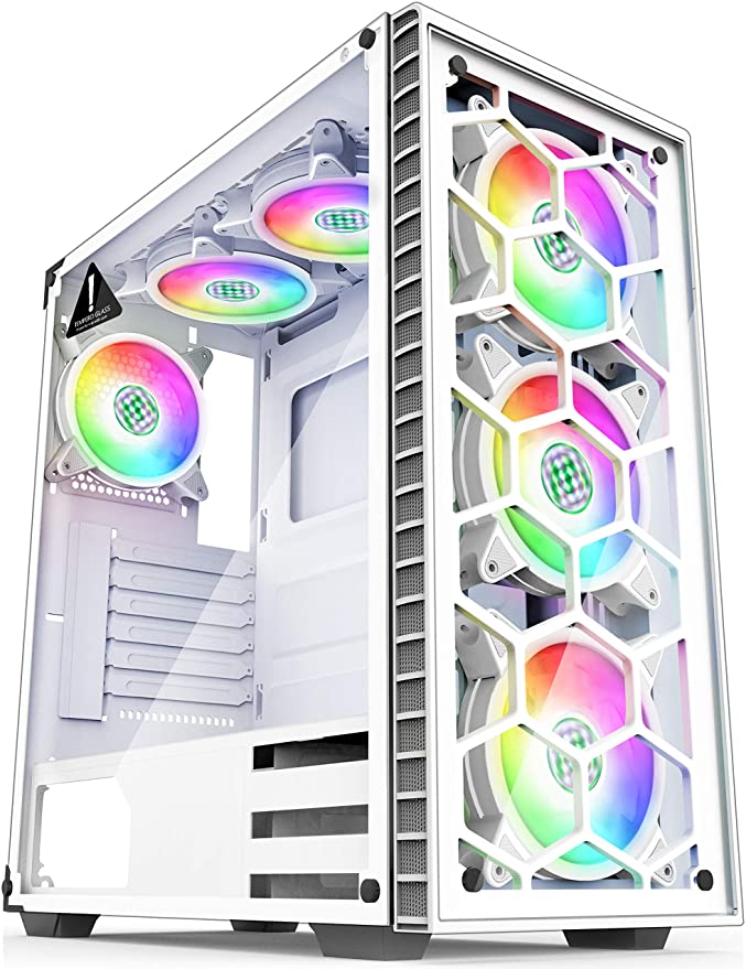 MUSETEX - ATX Mid-Tower PC Gaming Case - 6 PCS 120mm Fans Digital RGB Lighting - 2 Tempered Glass Panels USB 3.0 - White Frame - Computer Chassis Desktop Case（903N6W）