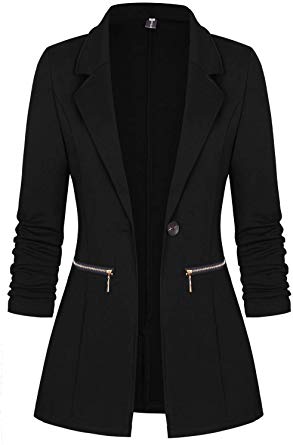 Genhoo Women's Long Sleeve Blazer Open Front Cardigan Jacket Work Office Blazer with Zipper Pockets