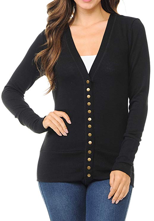 ClothingAve. Womens Snap Button Sweater Cardigan with Ribbed Detail