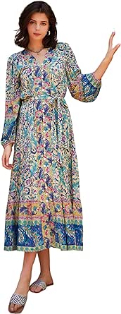 R.Vivimos Women's Long Sleeve Boho Midi Dress V Neck Floral Print Casual Button Down Loose Ruffle Beach Long Dress with Belt