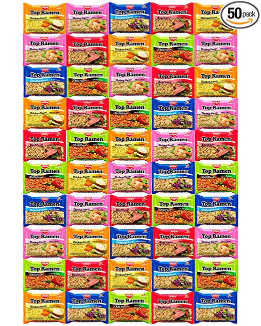 Nissin Top Ramen Noodles 5 Different Flavors Variety Sampler (50 Count)