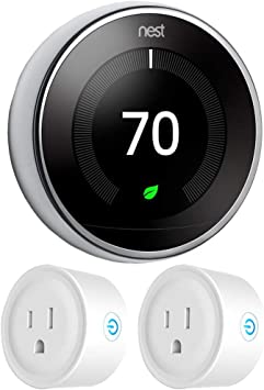 Google Nest T3019US Learning Thermostat 3rd Gen Smart Thermostat, Polished Steel Bundle with 2-Pack Deco Gear WiFi Smart Plug