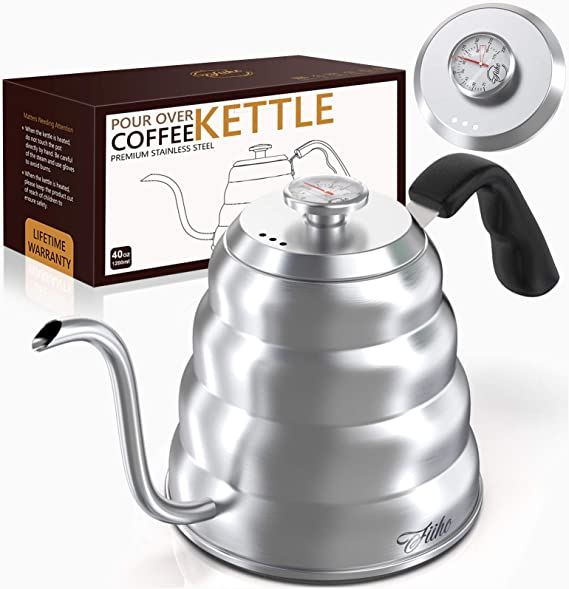 FIIHO Gooseneck Kettle - Coffee Pour Over Kettle 40oz Tea Stainless and Thermometer Three Floors Bottom Design Used for Induction and all Stovetops