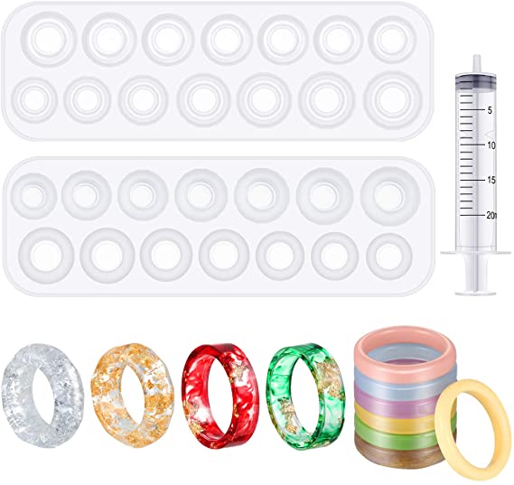 2 Pieces Resin Ring Molds Silicone Ring Molds Assorted Sizes Ring Casting Mold Resin Casting Circle Jewelry Molds with Syringe in 20 ml for DIY Craft Ring Making