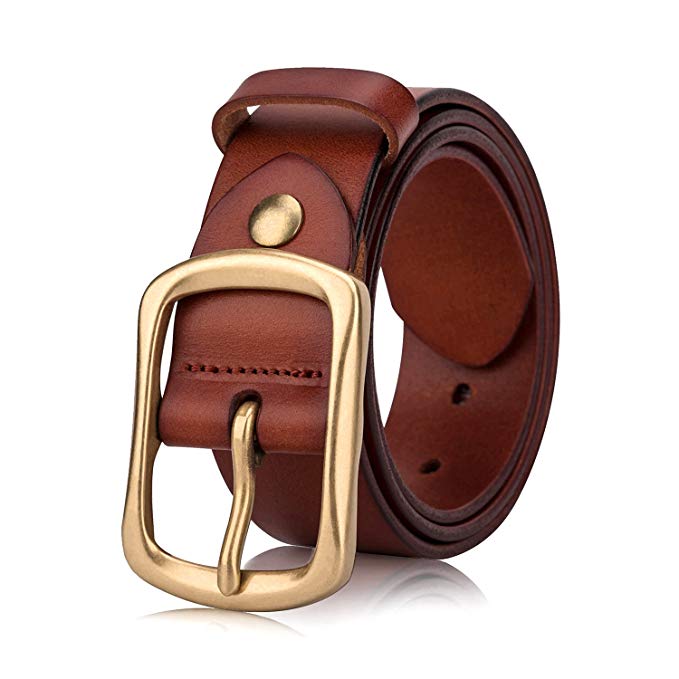 Men's Top Grain One Piece Genuine Leather Belt with Solid Brass Buckle, Packed in Gift Box