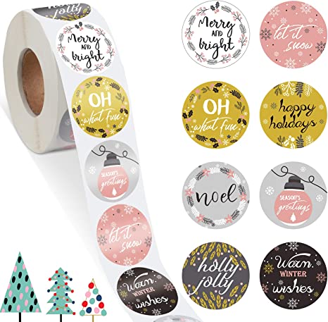 1000 Pieces 1.5 Inch Christmas Thank You Labels Stickers Mustard and Pink Christmas Stickers Roll Happy Holidays Sticker Round Circle Label Stickers for Christmas Decoration