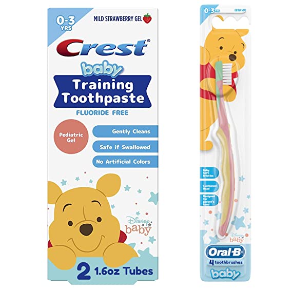 Crest & Oral-B Training Toothpaste Kit, Fluoride Free, (2) Mild Strawberry Gel Toothpastes 1.6 oz ea.   (4) Toothbrushes, Featuring Disney's Winnie the Pooh